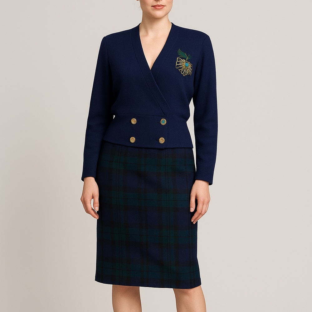 Escada Navy Margaretha Ley Skirt Suit – 100% Wool– Made in Germany
